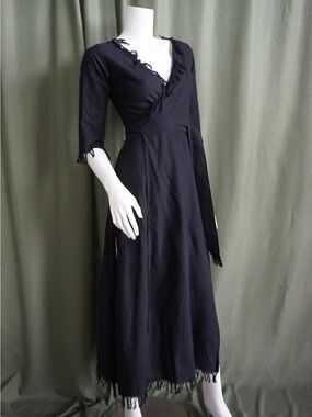 Chintamani Alchemistry Black Boho Linen Fringe Wrap Dress - Size XS
